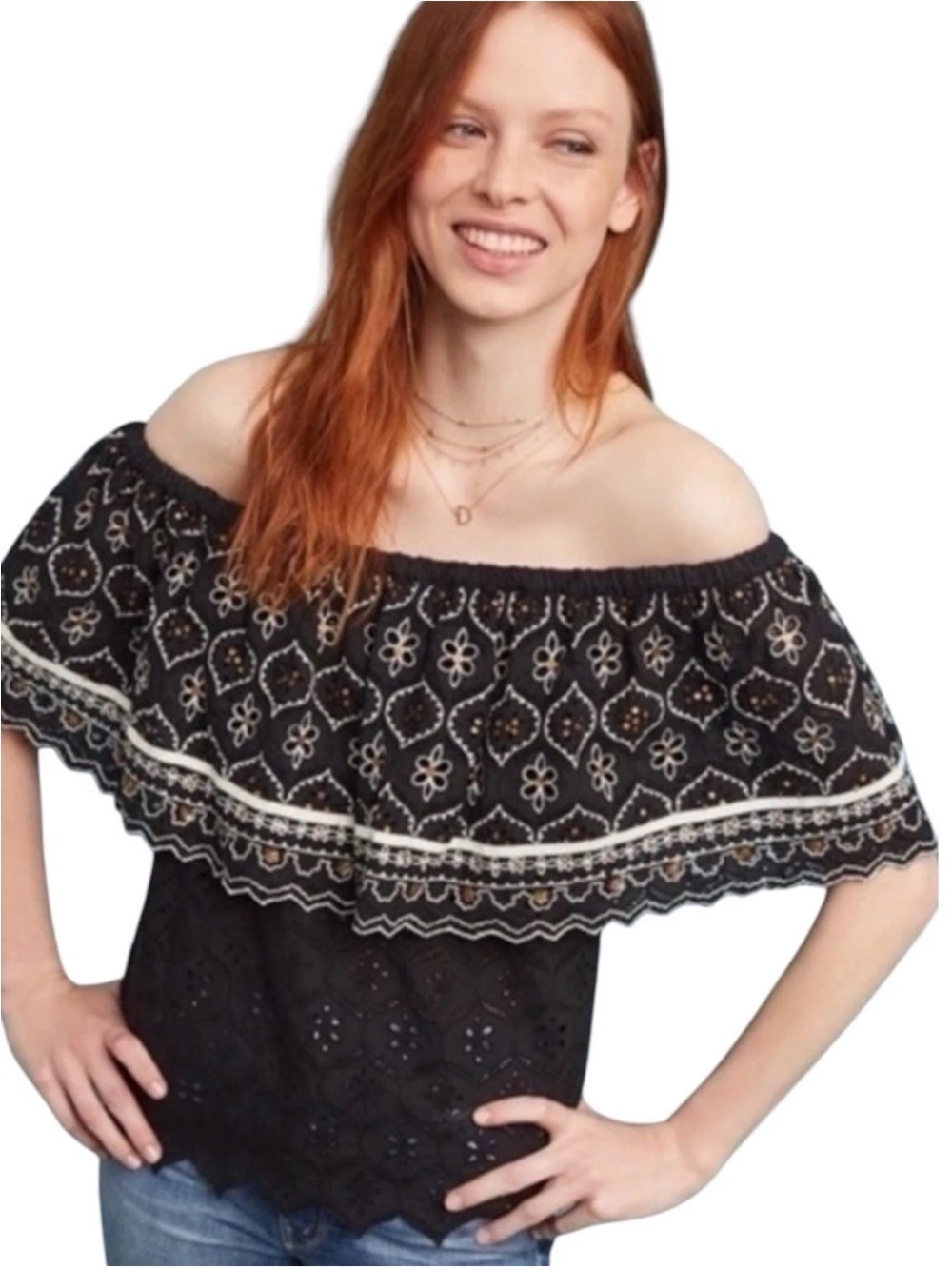 Anthropologie Eyelet Blouse Women Small Black Embroidered Off Shoulder Ruffle